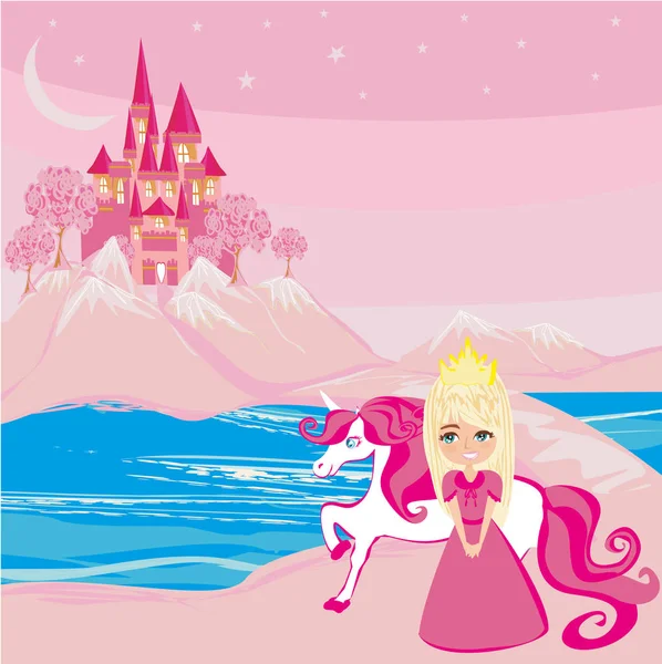 Dulce princesa y su unicornio en una tierra mágica — Vector de stock