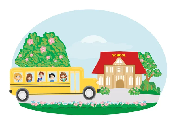 Szkolny autobus do szkoły ze szczęśliwymi dziećmi — Wektor stockowy