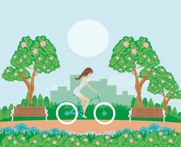 Chica en una bicicleta en el parque — Vector de stock