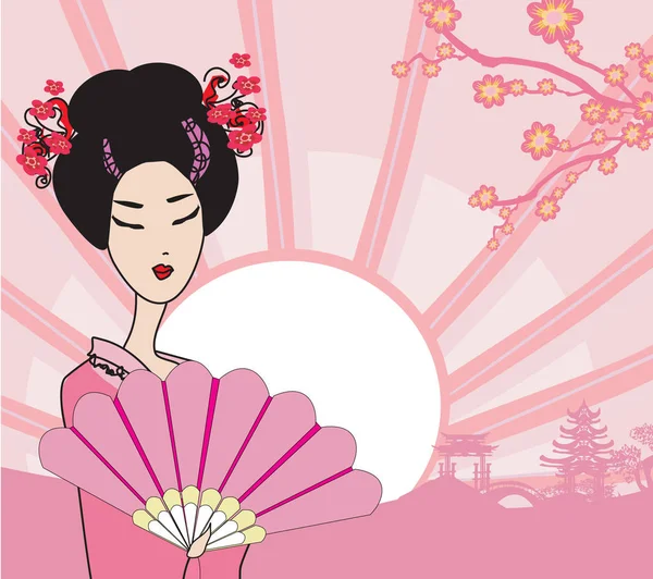 Beautiful Geisha with fan — Stock Vector