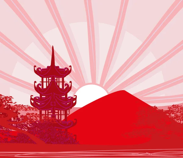 Paysage chinois abstrait, illustration d'un coucher de soleil — Image vectorielle