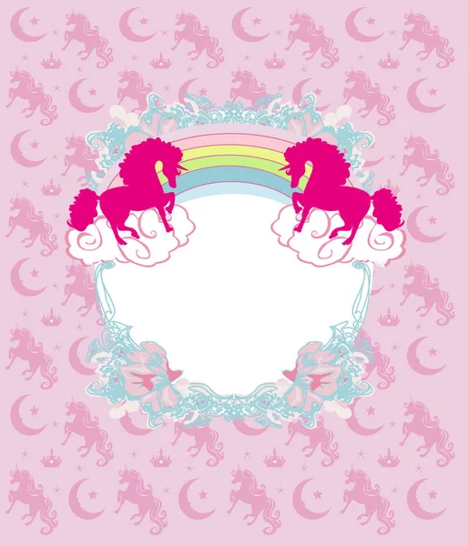 Cornice decorativa con unicorni e arcobaleno — Vettoriale Stock