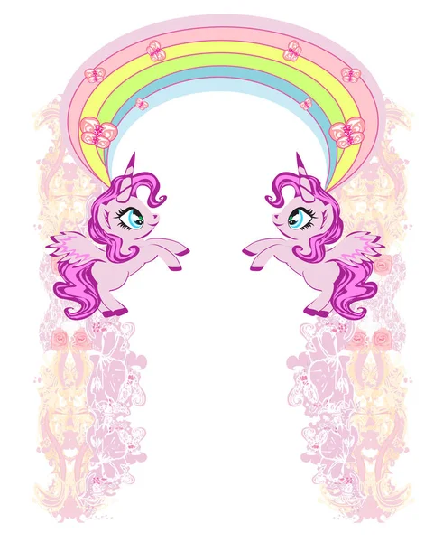 Unicorni carini, arcobaleno, cornice pastello — Vettoriale Stock