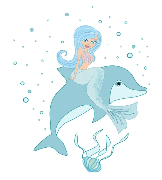 Hermosa sirena nada con el delfín — Vector de stock