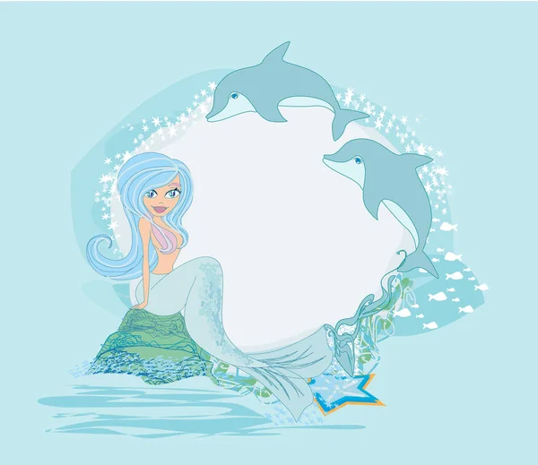 Carino Card ragazze sirena e delfini carino — Vettoriale Stock