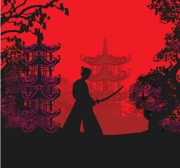 Samurái Japonés Luchador, paisaje abstracto al atardecer — Archivo Imágenes Vectoriales