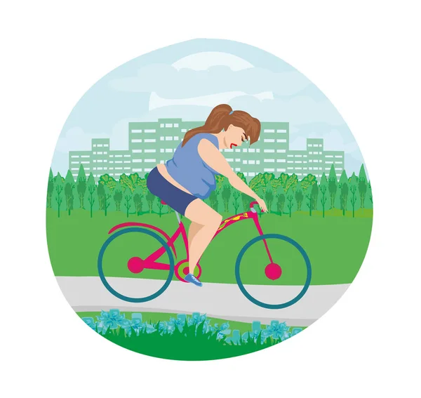 Överviktig kvinna rida på cykel — Stock vektor