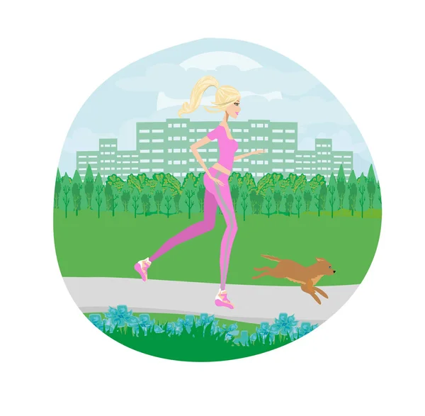 Slim girl runs with a dog in the park — Stock Vector