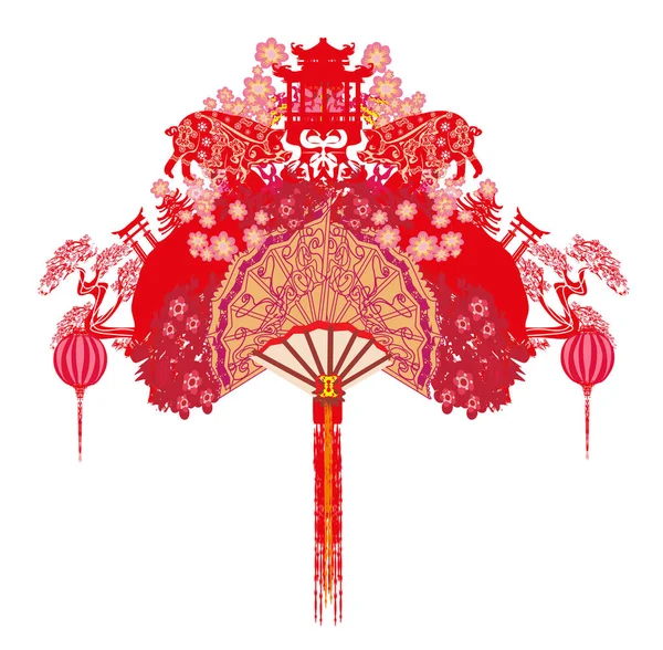 Chinese Zodiac jaar varken, abstracte decoratieve Fan — Stockvector