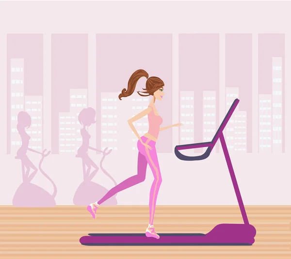 Woman running on a treadmill in a gym — Stock Vector