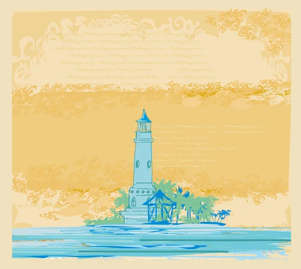 Lighthouse sett från en liten strand-Vintage Frame — Stock vektor