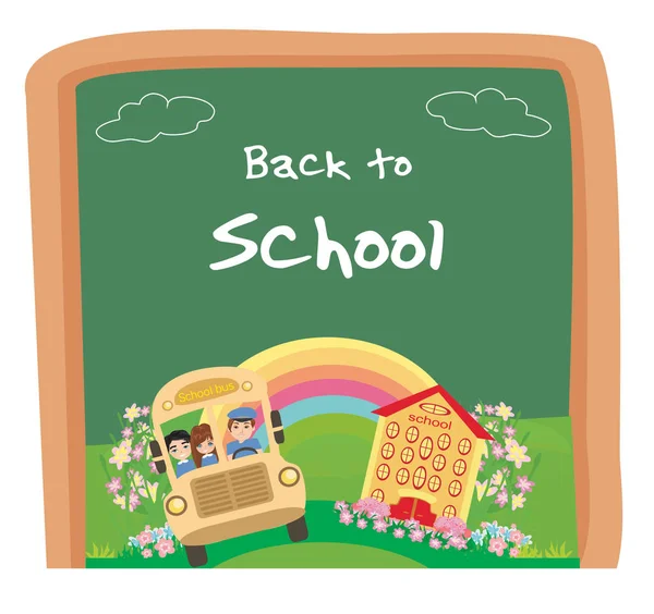 Επιστροφή στη σχολική κάρτα, σχολικό λεωφορείο με ευτυχισμένα παιδιά — Διανυσματικό Αρχείο
