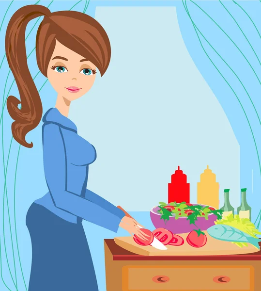 Dona de casa cozinhar jantar na cozinha —  Vetores de Stock