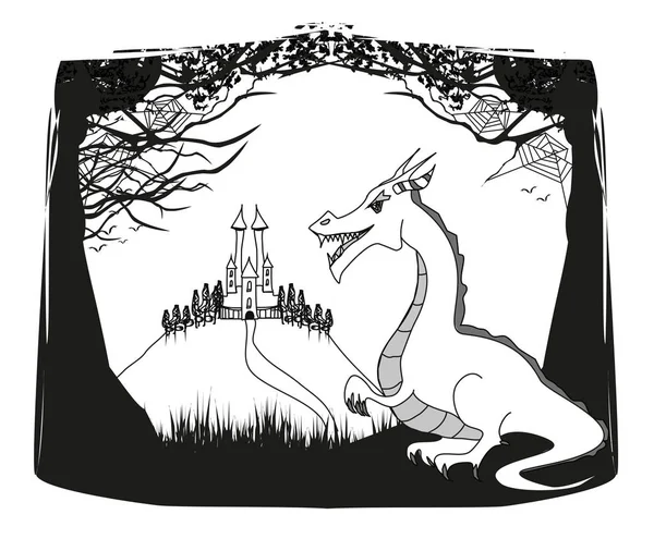 Paysage fantastique avec château et dragon — Image vectorielle