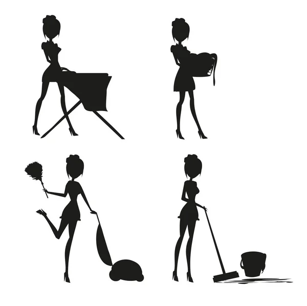 Sexy pinup style french maid at work - Set silhouette — Stock Vector