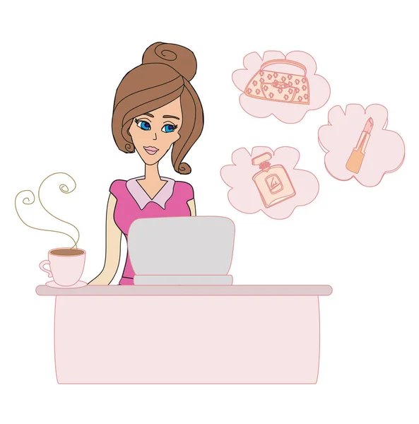 Online shopping girl with laptop — Stock Vector