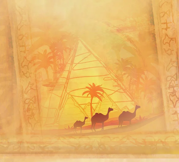 带金字塔和骆驼的复古背景 — 图库照片