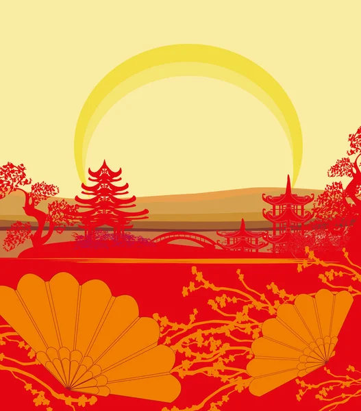 Аннотация Chinese landscape card, illustration of a sunset — стоковый вектор