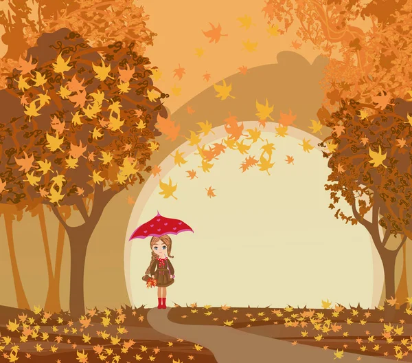 Menina bonita com guarda-chuva em um dia de outono — Vetor de Stock