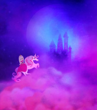 Sihirli kaleye uçan Unicorn üzerinde kız