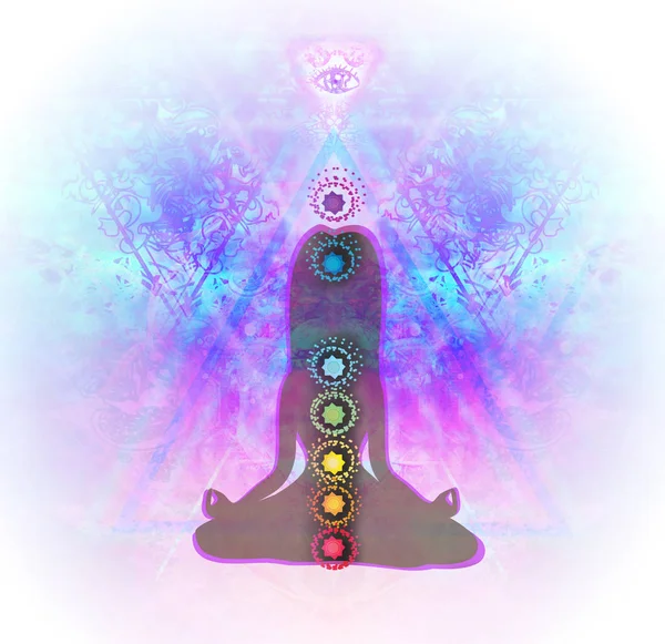 Postura de lótus Yoga. Padmasana com pontos de chakra coloridos. — Fotografia de Stock