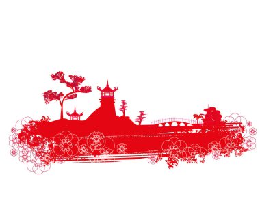 Soyut Çin manzara, kırmızı dekoratif illüstrasyon