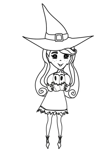 Ilustração de bruxa bonito com abóbora de Halloween — Vetor de Stock