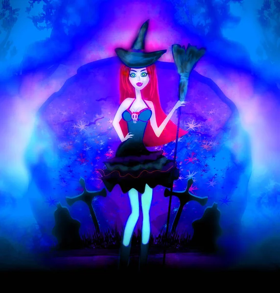 Хэллоуинская ведьма на темном кладбище — стоковое фото