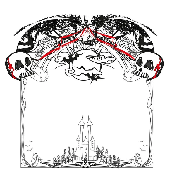 Хеллоуїн Рамка з замком, черепами і повним місяцем — стоковий вектор
