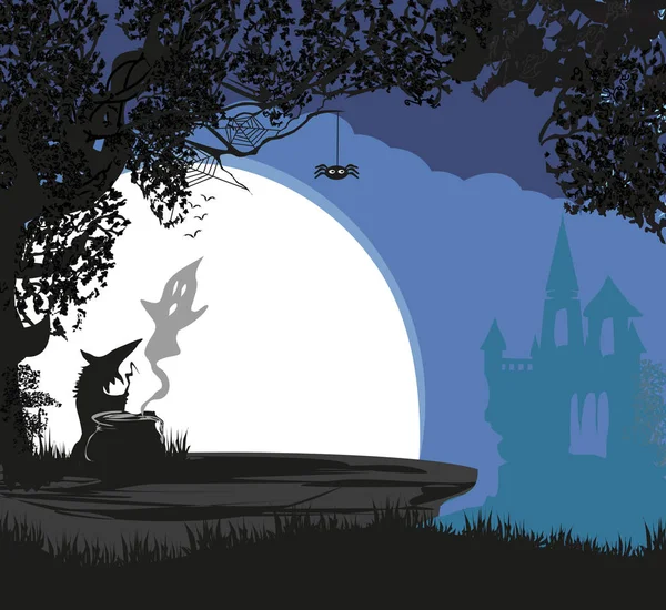 Halloween heks voorbereiding Potion tijdens de volle maan — Stockvector