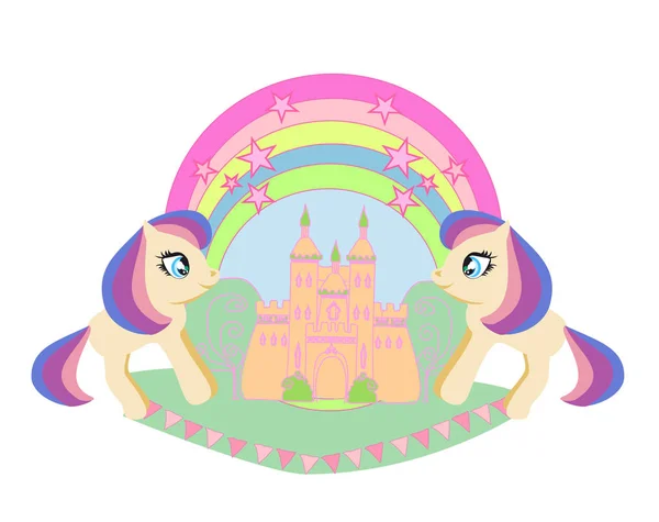 Hermoso unicornio y cuento de hadas princesa castillo marco — Vector de stock