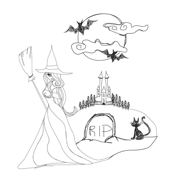 Bella strega di Halloween - doodle Illustrazione — Vettoriale Stock