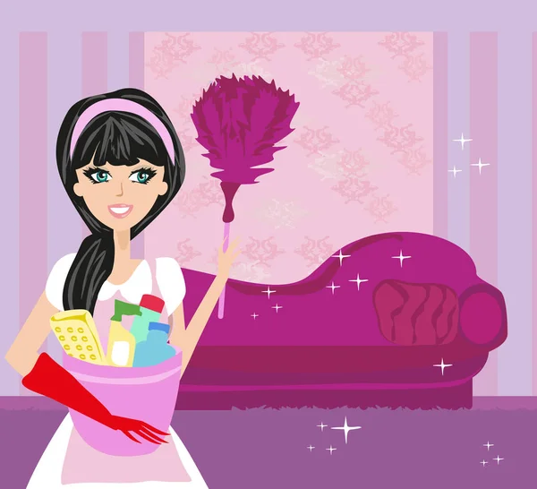 Sorrindo Limpeza dona de casa em casa — Vetor de Stock