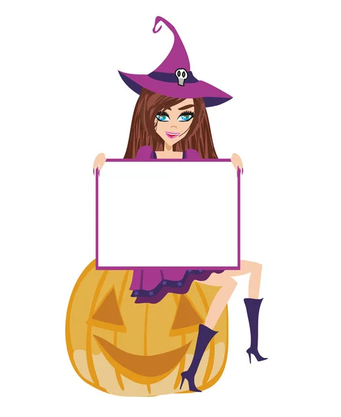Smiling witch sits on a pumpkin, frame with space for your text — Stock Vector