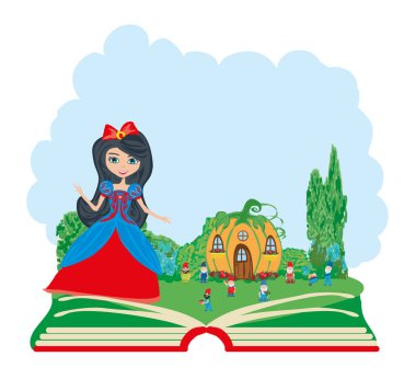 Açık Kitap Illustration. Peri masalı Pamuk Prenses ve 7 cüceler
