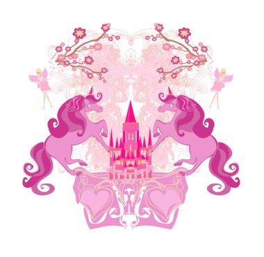 Güzel masal kale ve sevimli tek boynuzlu atlar , afiş