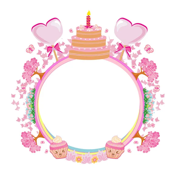 Linda tarjeta de cumpleaños feliz, marco femenino con magdalenas — Vector de stock