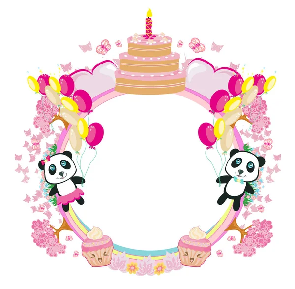 Ilustración de lindos pandas y cupcakes - Marco de feliz cumpleaños — Vector de stock