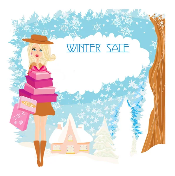 Beautiful girl with gift box on winter shopping — Stock Vector