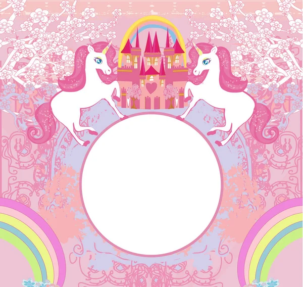 Beautiful unicorn and fairy-tale princess castle frame — Stock Vector