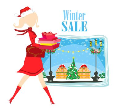 Hediye kutusu ve tatil kartı olan bir kış kızı.