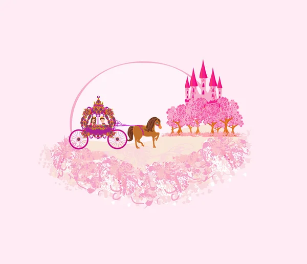Wózek konny i średniowieczny zamek - różowa karta artystyczna — Wektor stockowy