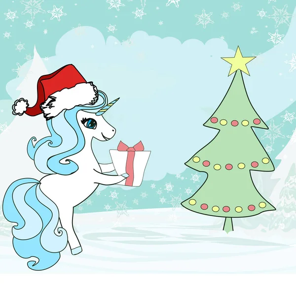 Ilustración de unicornio con árbol de Navidad — Vector de stock