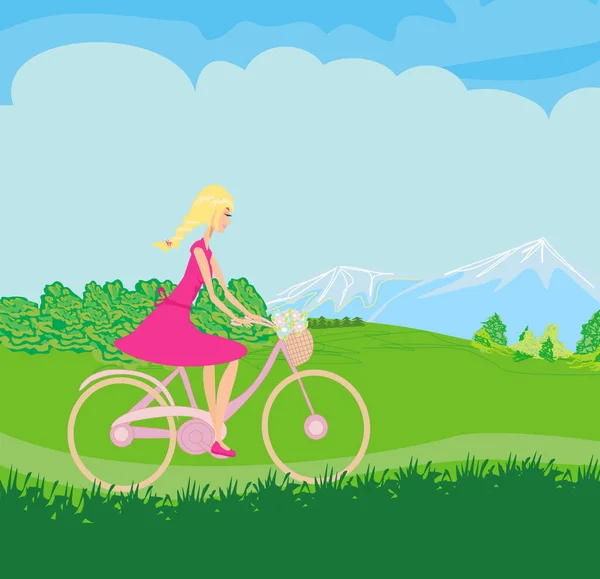 Chica Está Montando Bicicleta Campo Primavera — Vector de stock