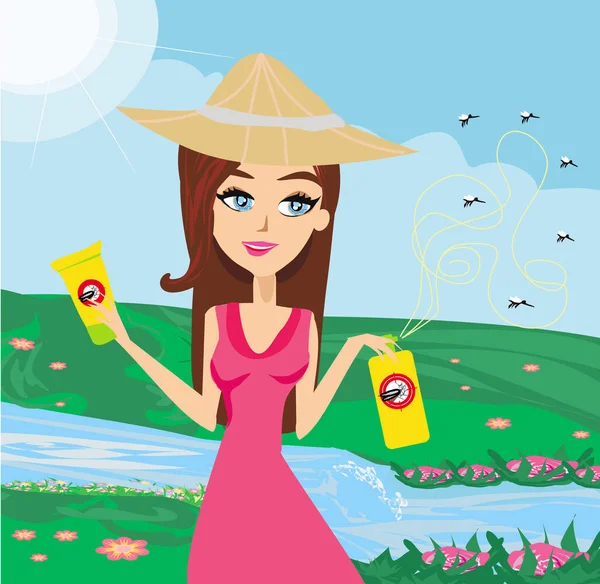 Beautiful Girl Using Insect Repellent Spray Ointment — Stock Vector