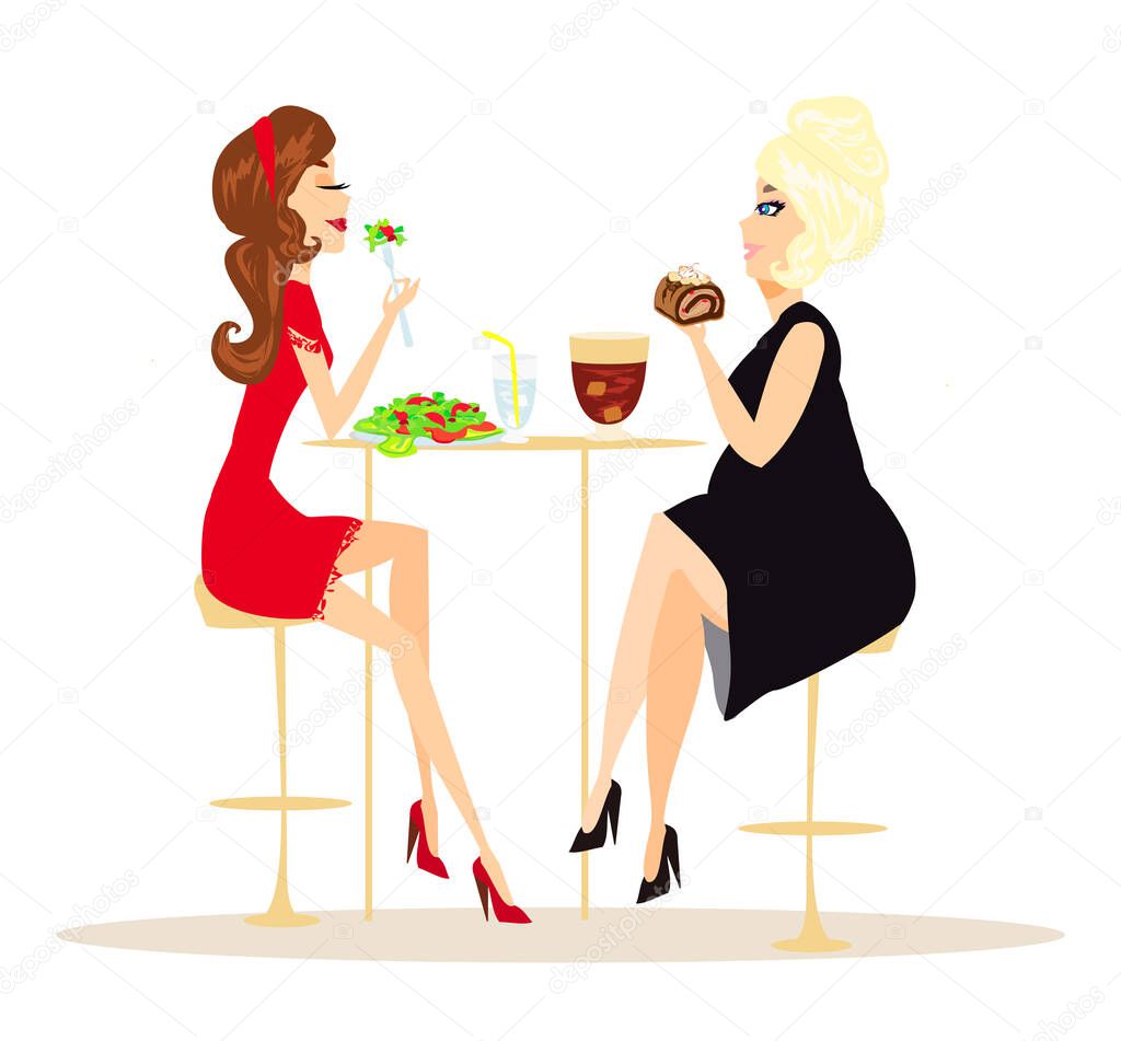 Illustration of thick and thin girls in restaurant