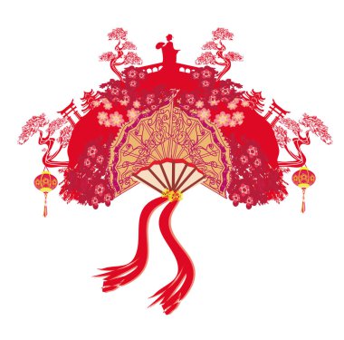 Asyalı kızla soyut dekoratif hayran