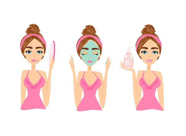 Beautiful Girl Puts Acne Mask — Stock Vector