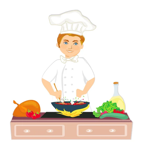 Cheerful Chef Cooks Healthy Tasty Dish — Stock Vector