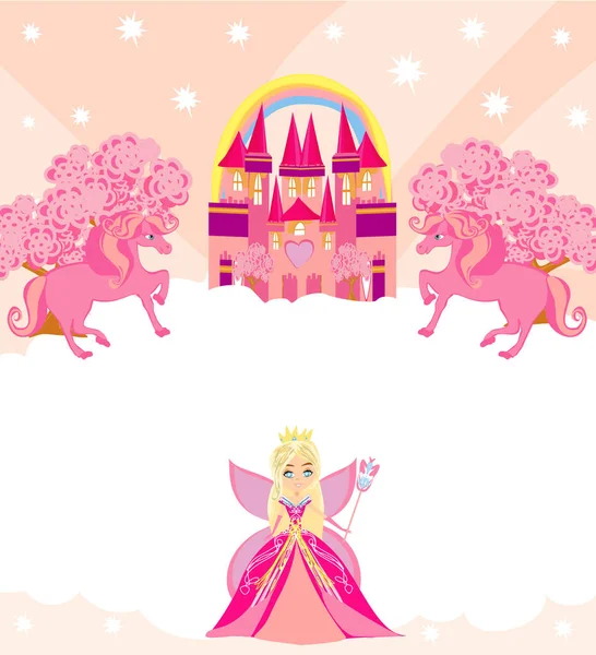 Birthday Card Unicorns Castle Sweet Fairy — Stock Vector